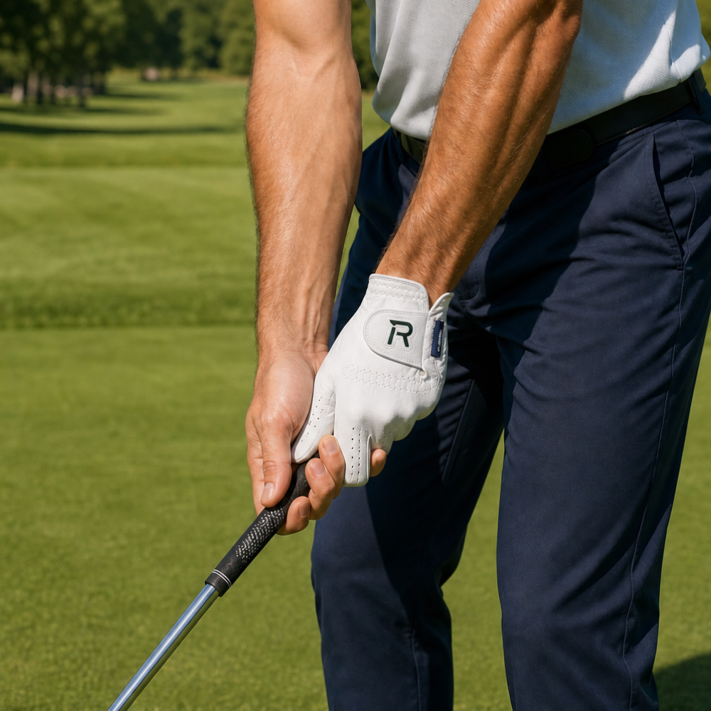 A close-up of a golfer's hands on a golf club, wearing a white golf glove with a black 'R' logo, navy pants, and a white shirt on a green golf course.