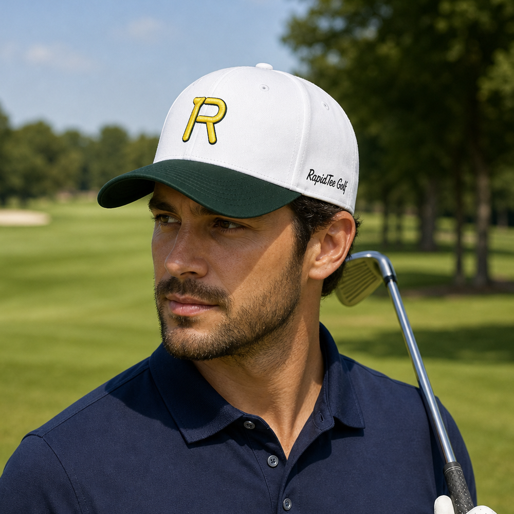 A man on a golf course wearing a white and dark green cap with a yellow 'R' logo and 'RapidTheGolf' text, paired with a navy polo shirt and holding a golf club.