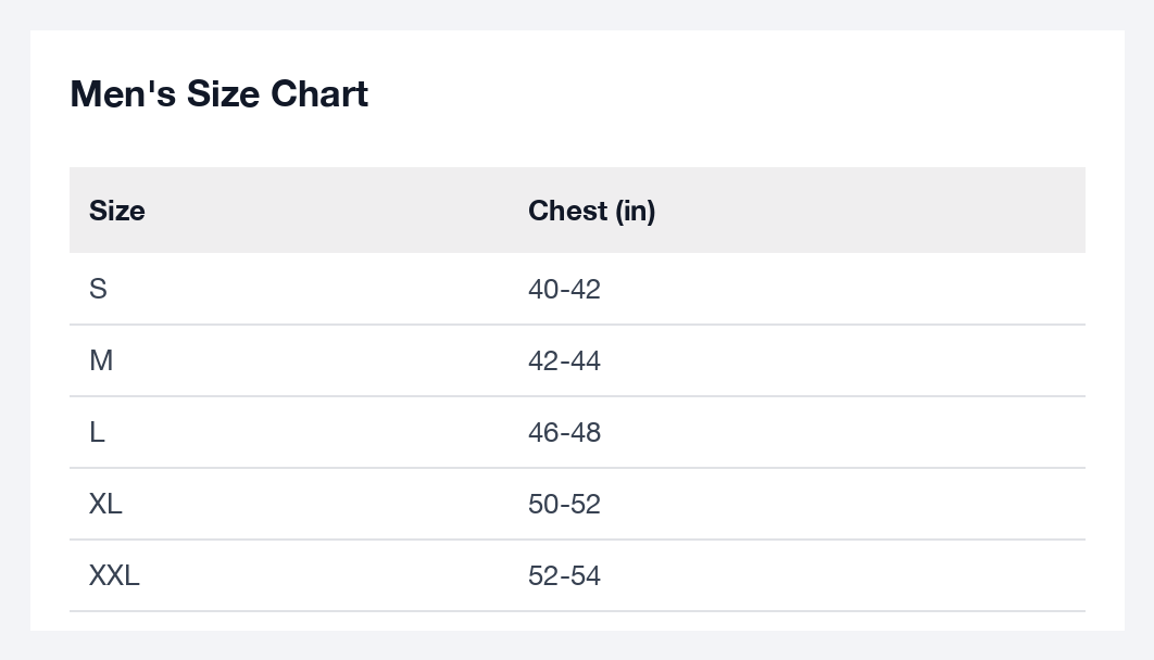 RapidTee apparel size guide