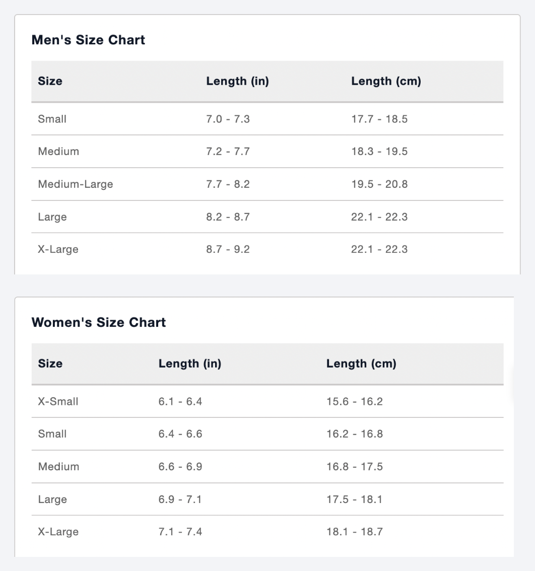 RapidTee glove size guide